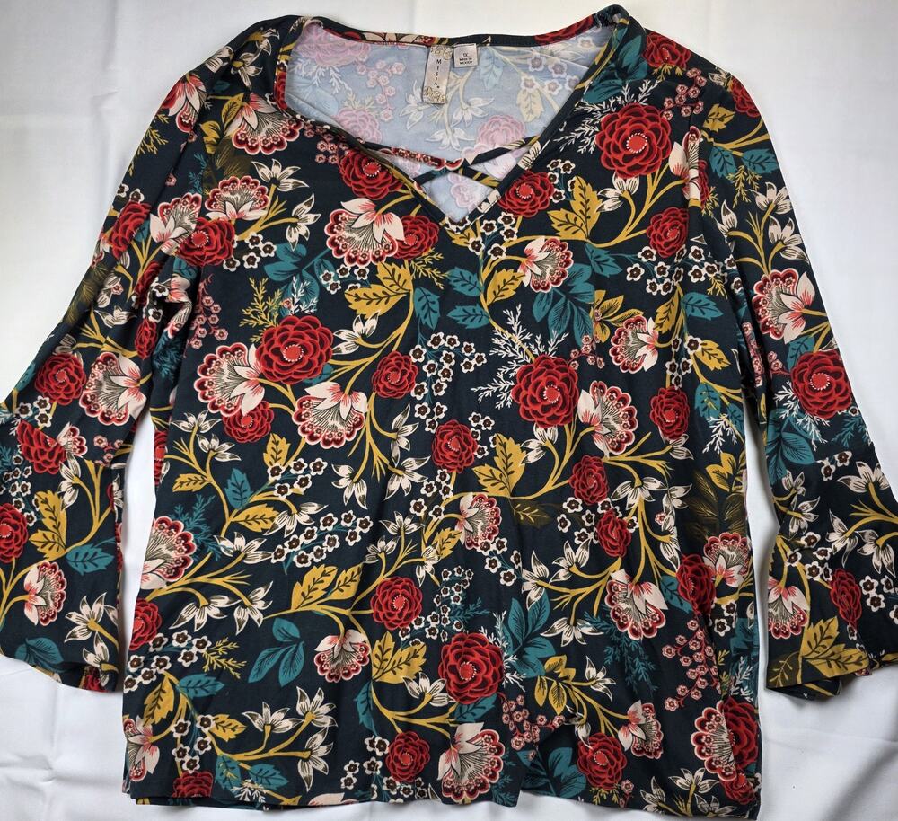 Misia floral long-sleeve blouse, multi-colored botanical pattern, Size 1XL